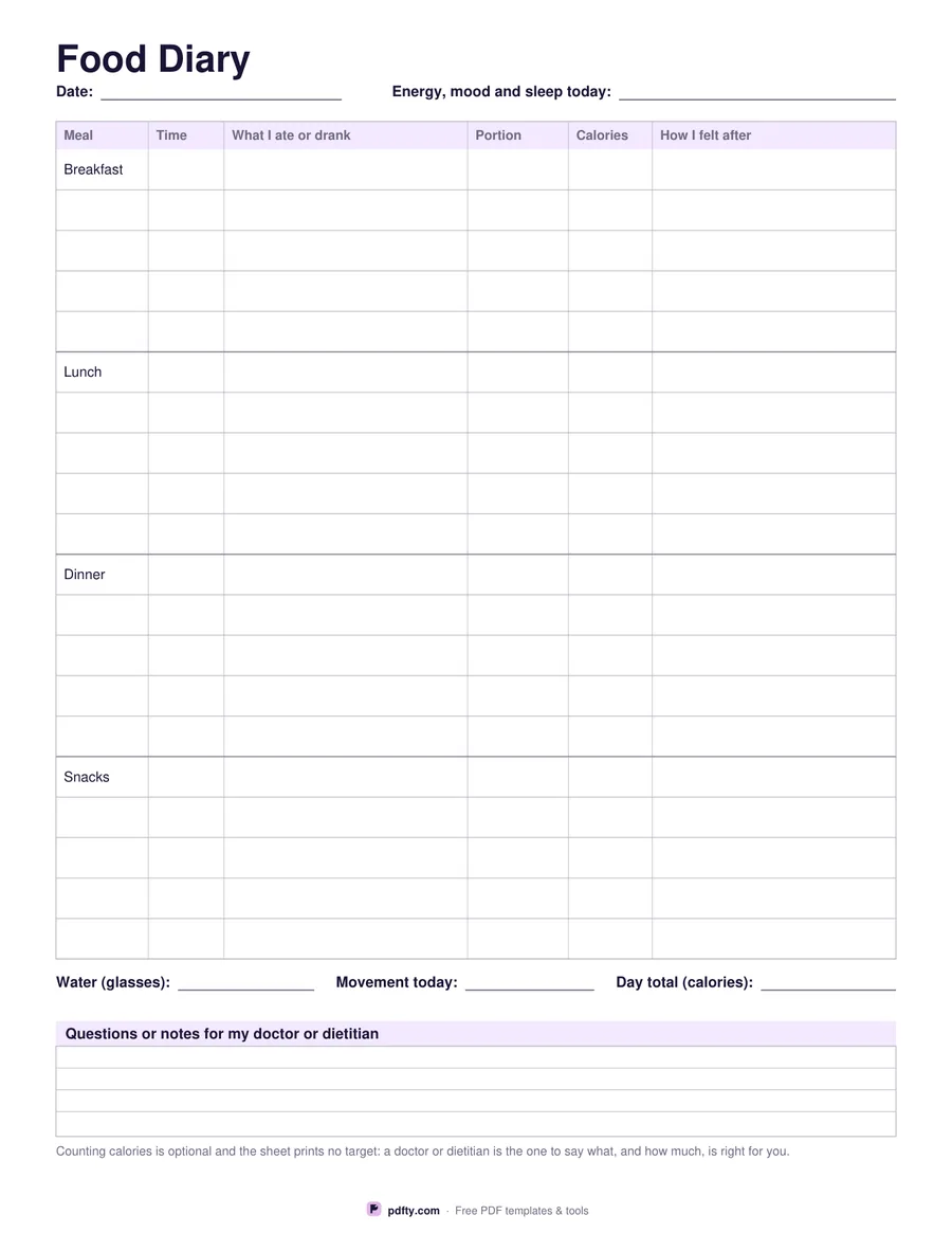 Printable food diary with breakfast, lunch, dinner and snack rows for time, portion and calories