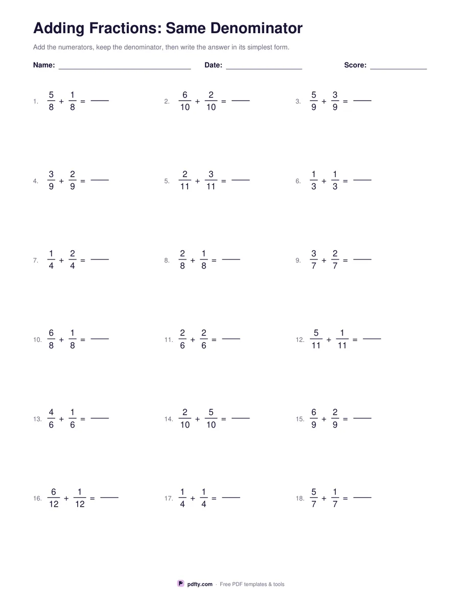 Printable fractions worksheet with eighteen questions and blank answer fractions