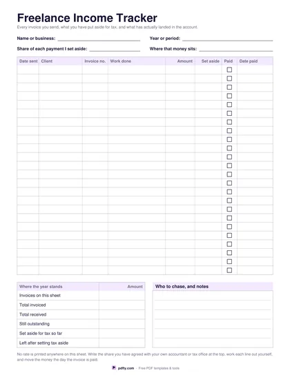 Printable freelance income tracker with client, invoice, amount and tax set aside columns