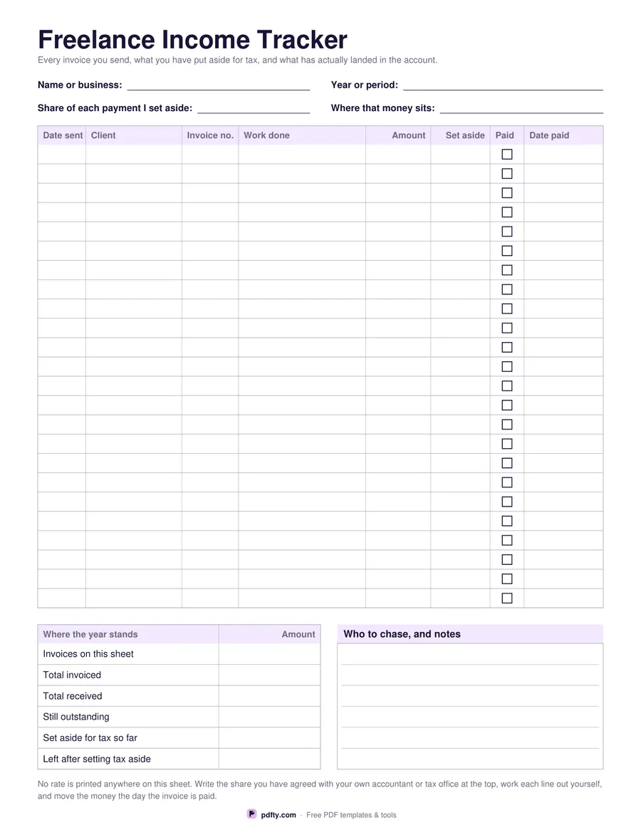 Printable freelance income tracker with client, invoice, amount and tax set aside columns