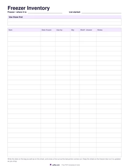 Printable freezer inventory with columns for item, date frozen, use by and shelf