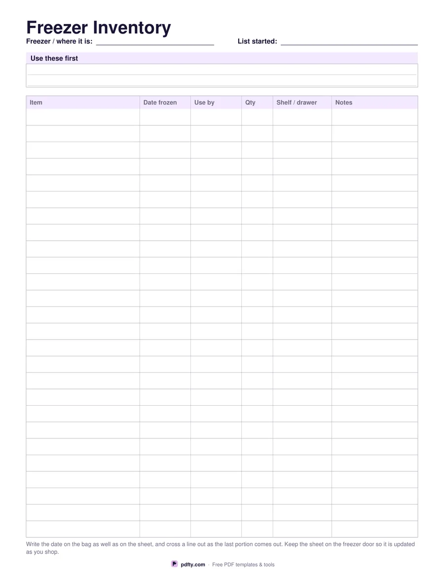 Printable freezer inventory with columns for item, date frozen, use by and shelf