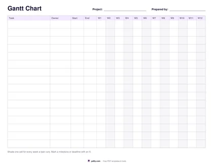Printable blank Gantt chart with 16 task rows and 12 week columns