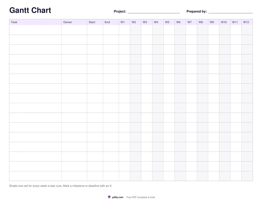 Printable blank Gantt chart with 16 task rows and 12 week columns