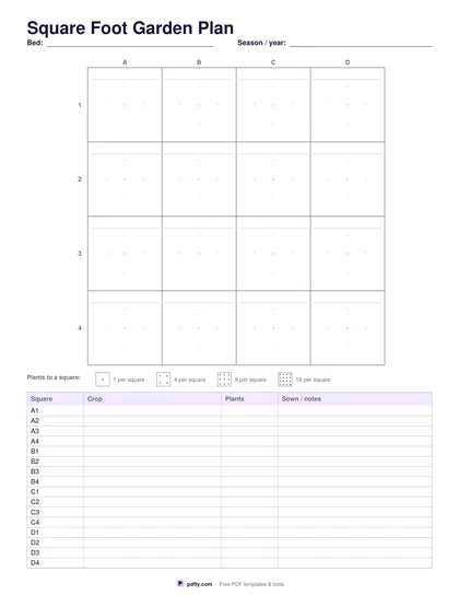 Printable square foot garden plan with one-foot squares and a planting key