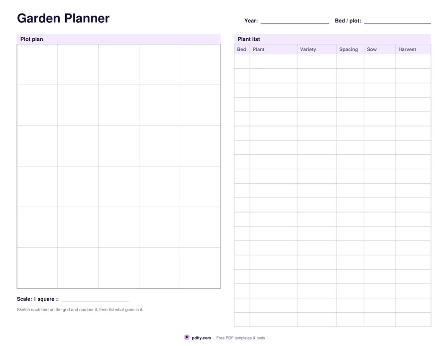 Printable garden planner with a squared plot grid and a plant list beside it