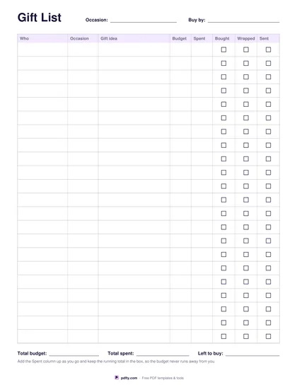 Printable gift list with who, occasion, gift idea, budget and bought, wrapped and sent tick boxes