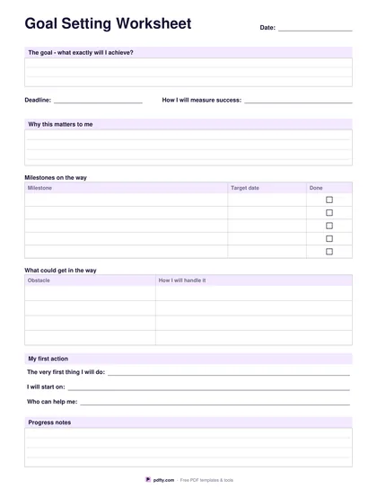 Printable goal setting worksheet with milestones, obstacles and a first action