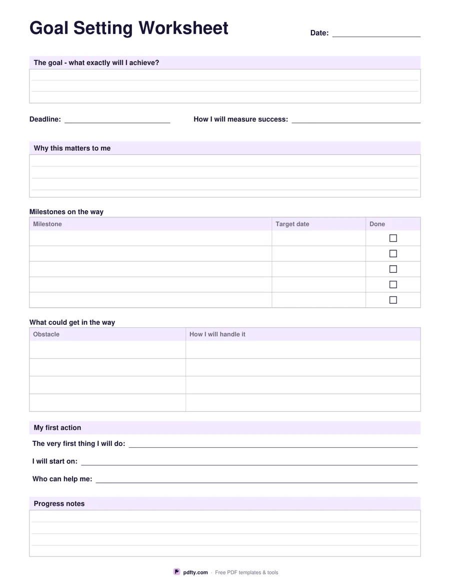 Printable goal setting worksheet with milestones, obstacles and a first action