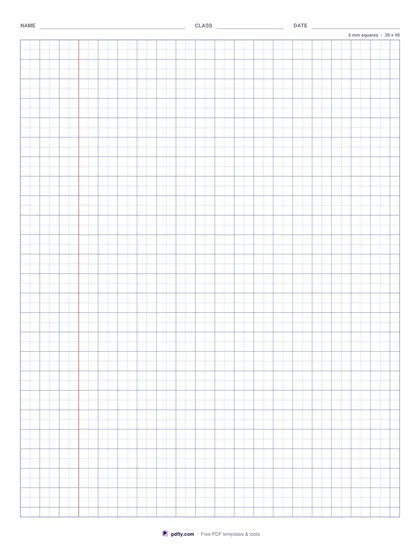 Printable squared paper with a red left margin rule and a name, class and date header
