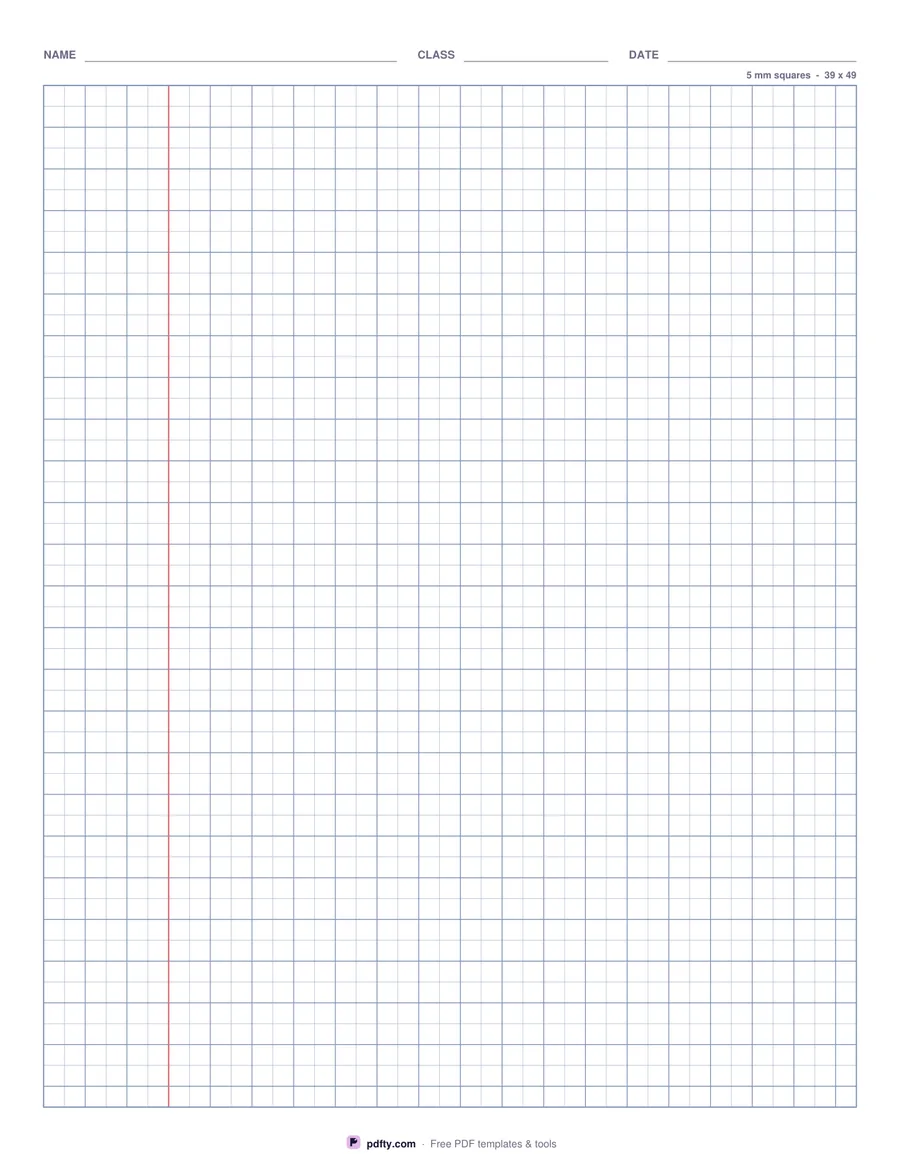 Printable squared paper with a red left margin rule and a name, class and date header