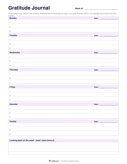 Printable weekly gratitude journal with three lines for each day