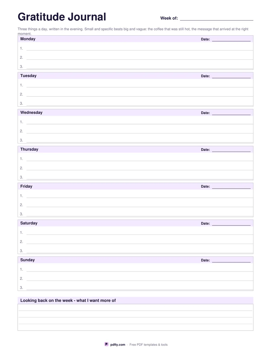 Printable weekly gratitude journal with three lines for each day