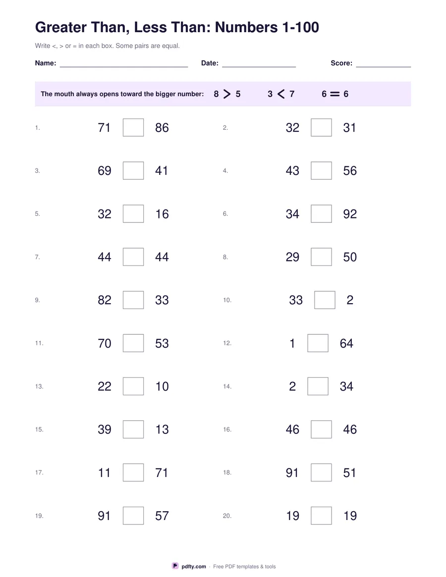 Printable greater than less than worksheet with twenty number pairs