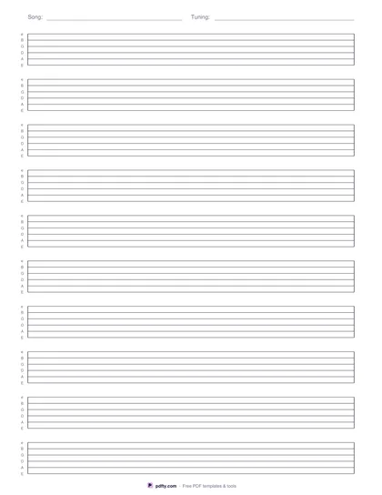 Printable blank guitar tab paper with ten six-line staves