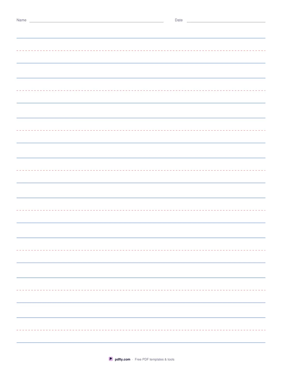 Printable primary handwriting paper with solid top and base lines and a dashed midline