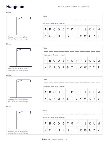 Printable hangman game sheet with gallows, word slots and a letter bank