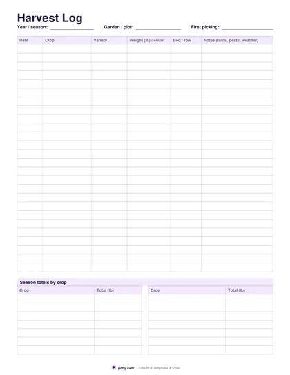 Printable harvest log with picking rows and a season totals table