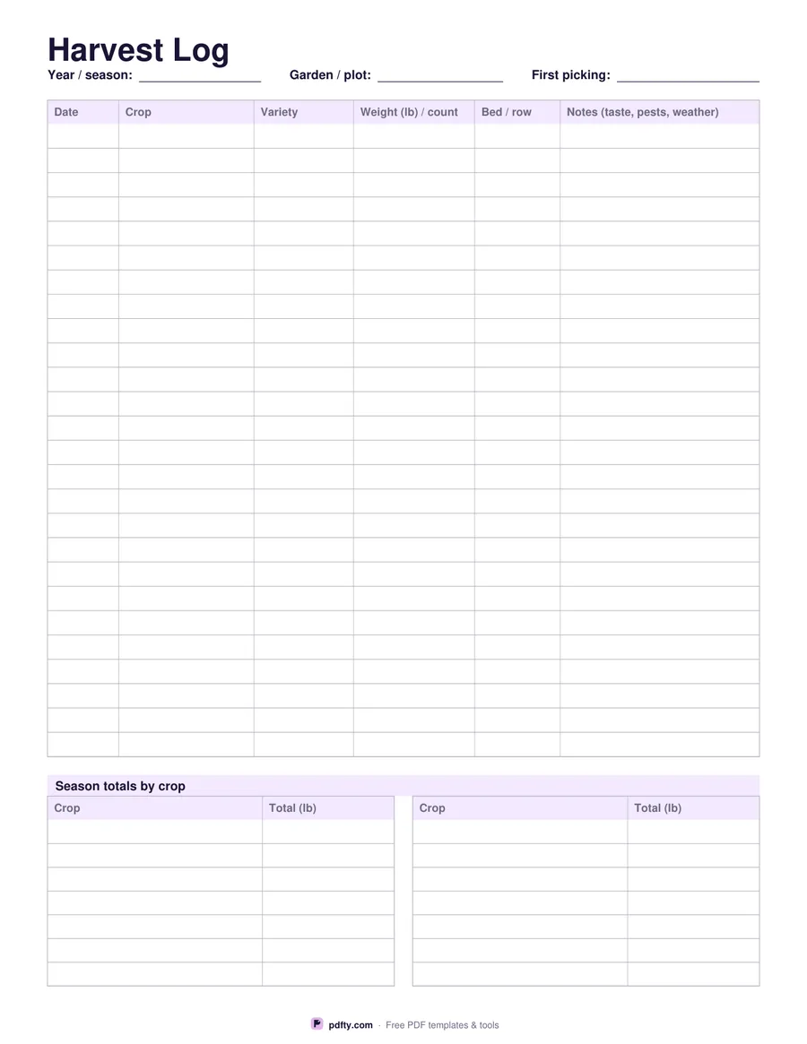Printable harvest log with picking rows and a season totals table