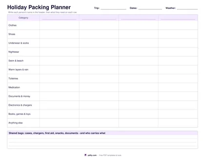 Printable family packing planner grid with categories down the page and a column per person