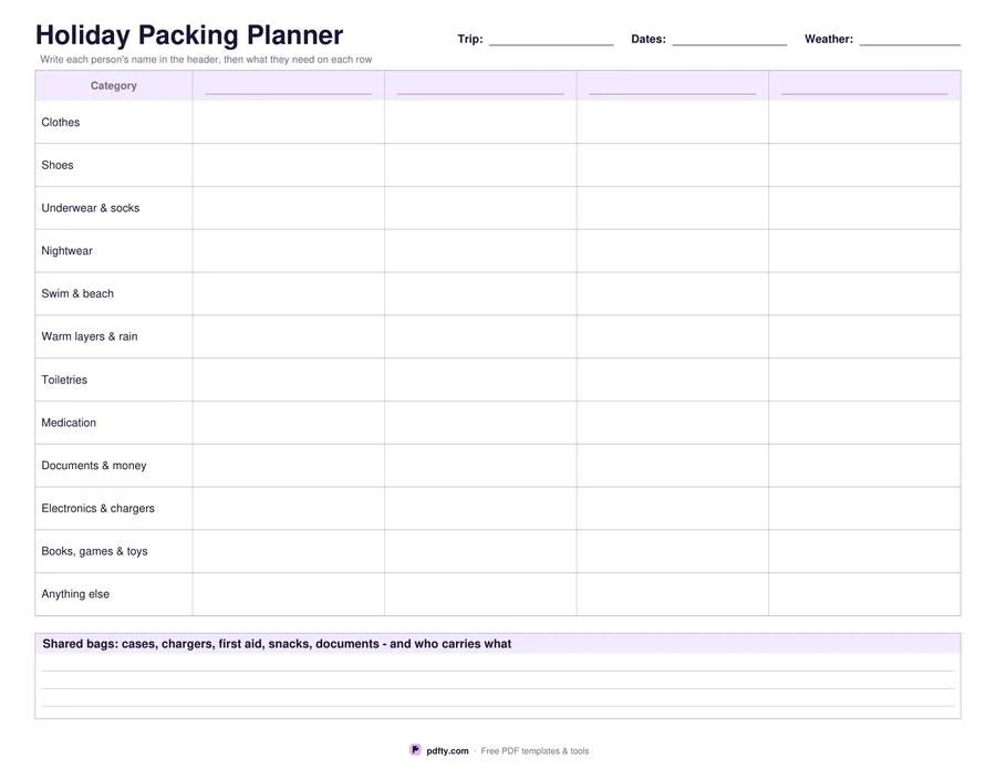 Printable family packing planner grid with categories down the page and a column per person