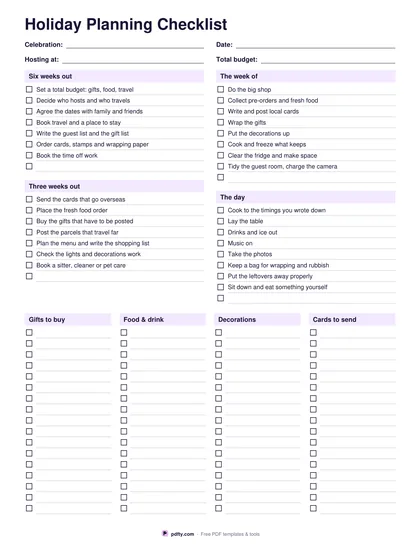 Printable holiday planning checklist with four stages and lists for gifts, food, decorations and cards