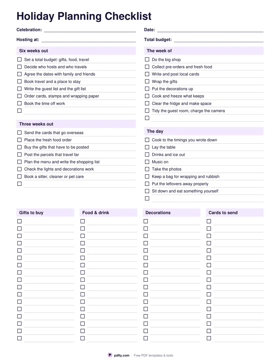 Printable holiday planning checklist with four stages and lists for gifts, food, decorations and cards