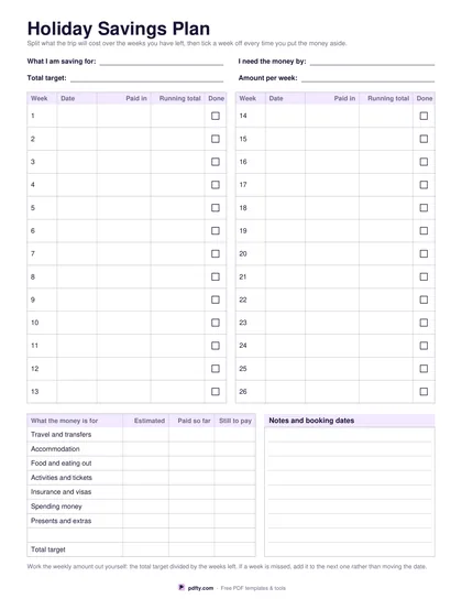 Printable holiday savings plan with weekly deposit rows and a cost breakdown table