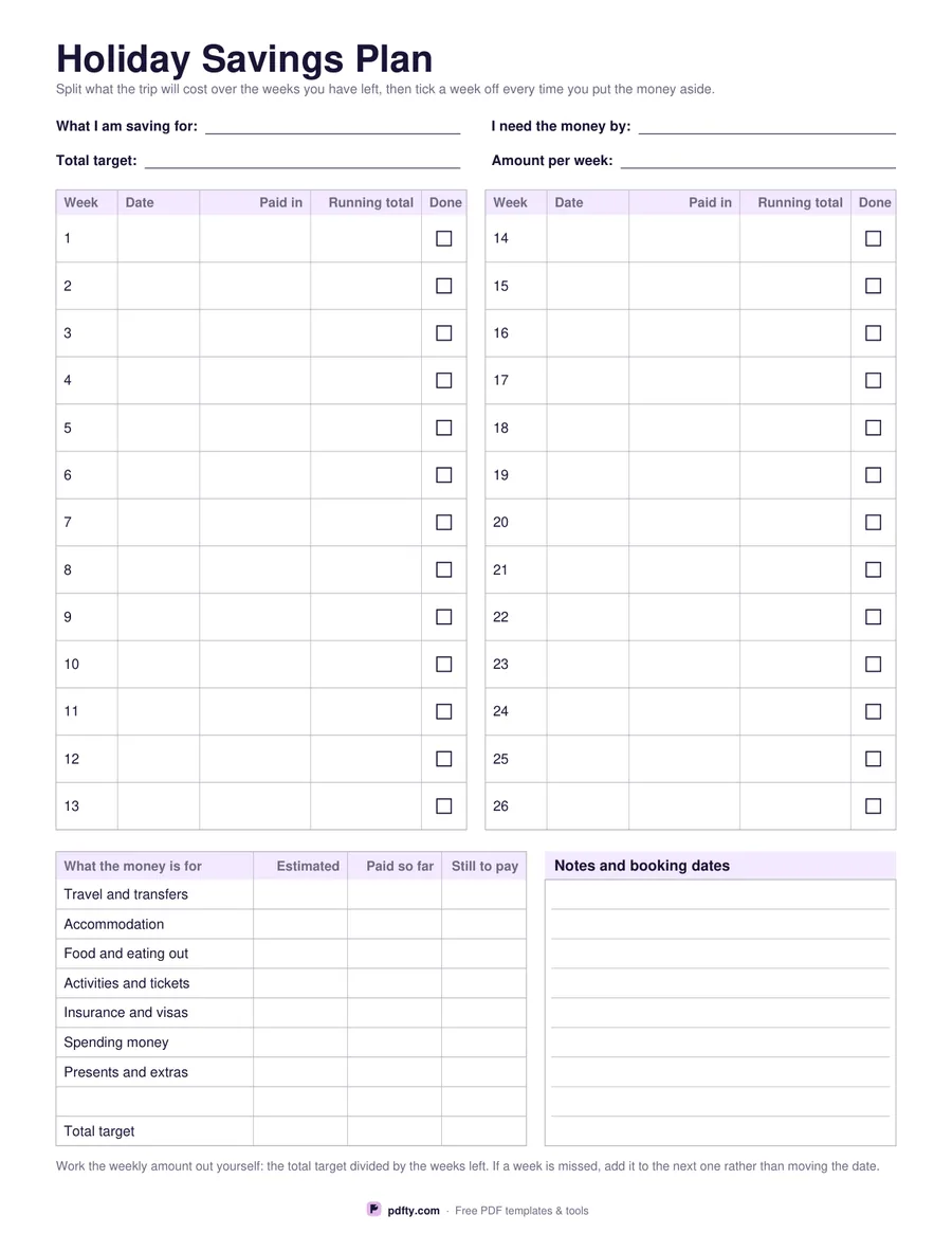 Printable holiday savings plan with weekly deposit rows and a cost breakdown table