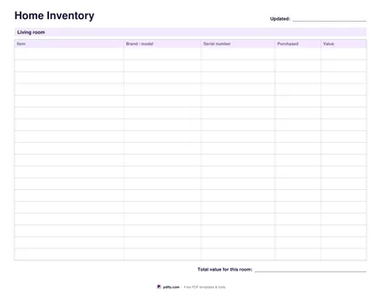Printable home inventory sheet with columns for item, brand, serial number, purchase date and value