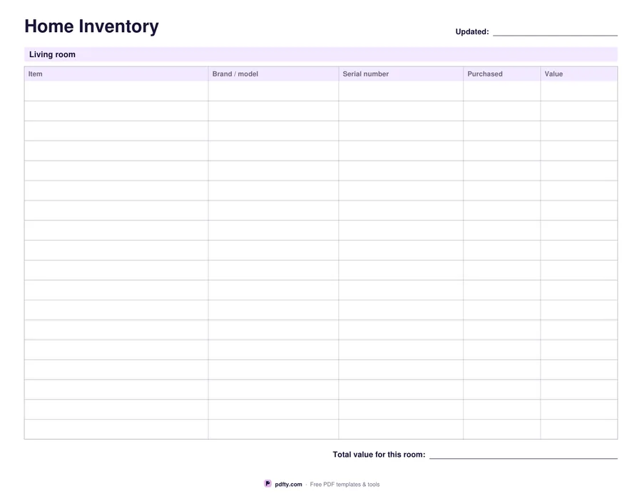 Printable home inventory sheet with columns for item, brand, serial number, purchase date and value
