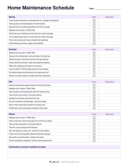 Printable home maintenance schedule with seasonal jobs, done boxes and date lines