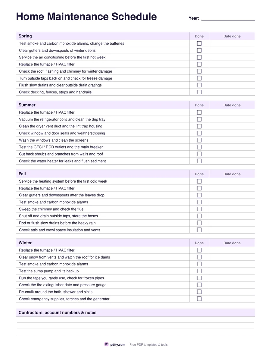 Printable home maintenance schedule with seasonal jobs, done boxes and date lines