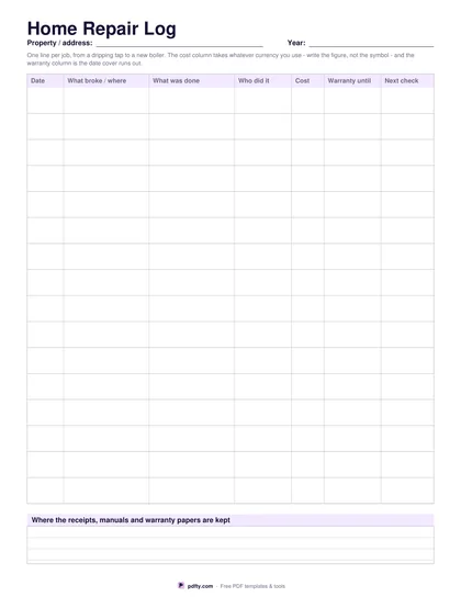 Printable home repair log with columns for cost, warranty and next check