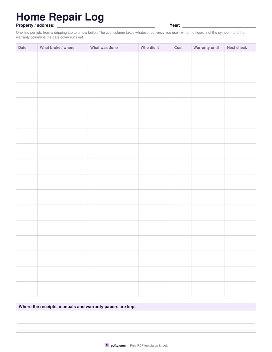 Printable home repair log with columns for cost, warranty and next check