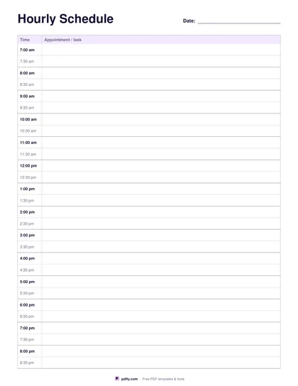 Printable hourly schedule with 30 minute time slots from 7 am
