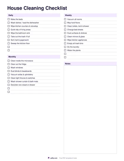 Printable house cleaning checklist with daily, weekly and monthly tasks