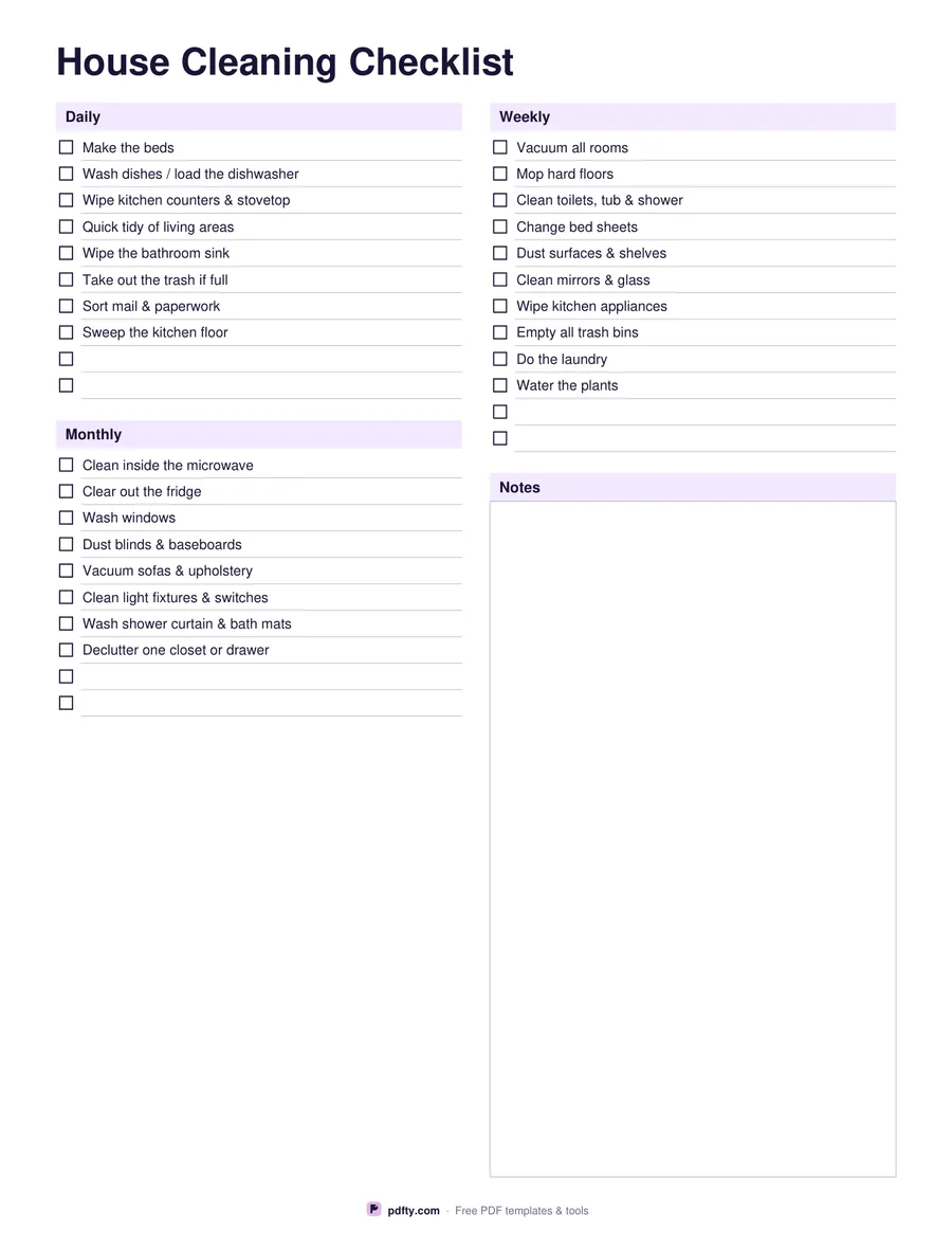 Printable house cleaning checklist with daily, weekly and monthly tasks