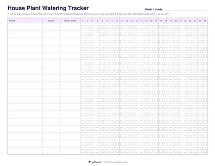 Printable house plant watering tracker with plants down and weeks across