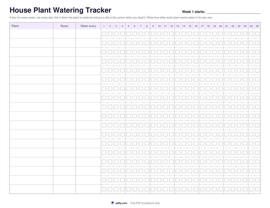 Printable house plant watering tracker with plants down and weeks across