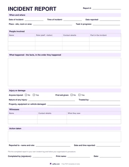 Free printable incident report form with description, injury, witness and action sections