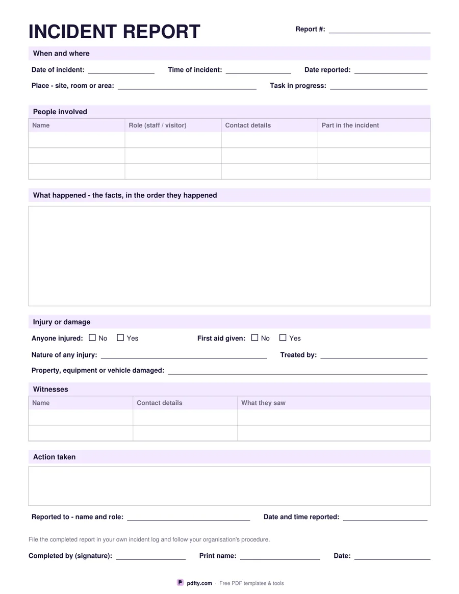 Free printable incident report form with description, injury, witness and action sections