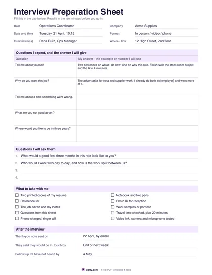 Printable interview preparation sheet with questions, answers and a checklist