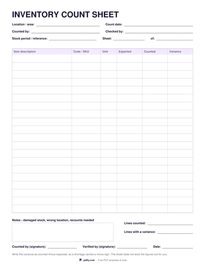 Free printable inventory count sheet with expected, counted and variance columns
