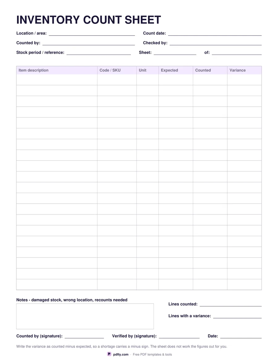 Free printable inventory count sheet with expected, counted and variance columns