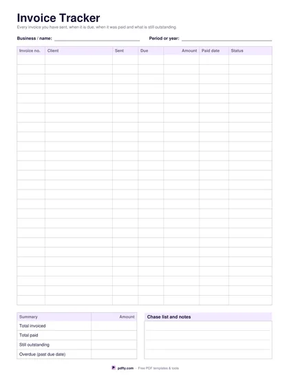 Printable invoice tracker with 26 rows for invoice number, client, dates, amount and status