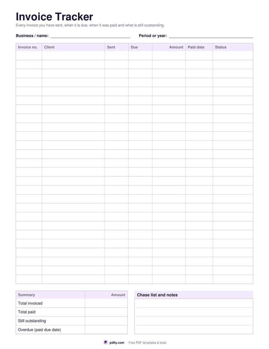 Printable invoice tracker with 26 rows for invoice number, client, dates, amount and status
