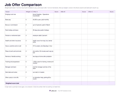 Printable job offer comparison chart with three offers and a weighted score