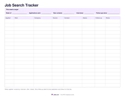 Printable job search tracker with columns for date applied, role, company, status and follow-up date