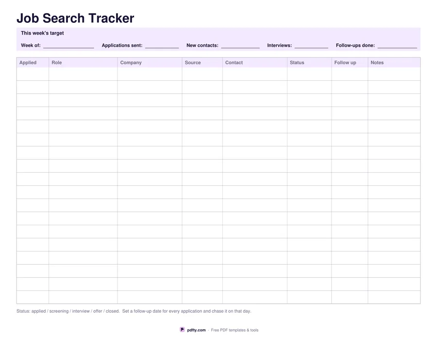 Printable job search tracker with columns for date applied, role, company, status and follow-up date